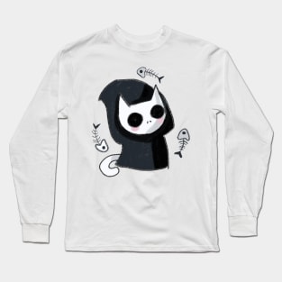 Cute grim reaper cat with fish Long Sleeve T-Shirt